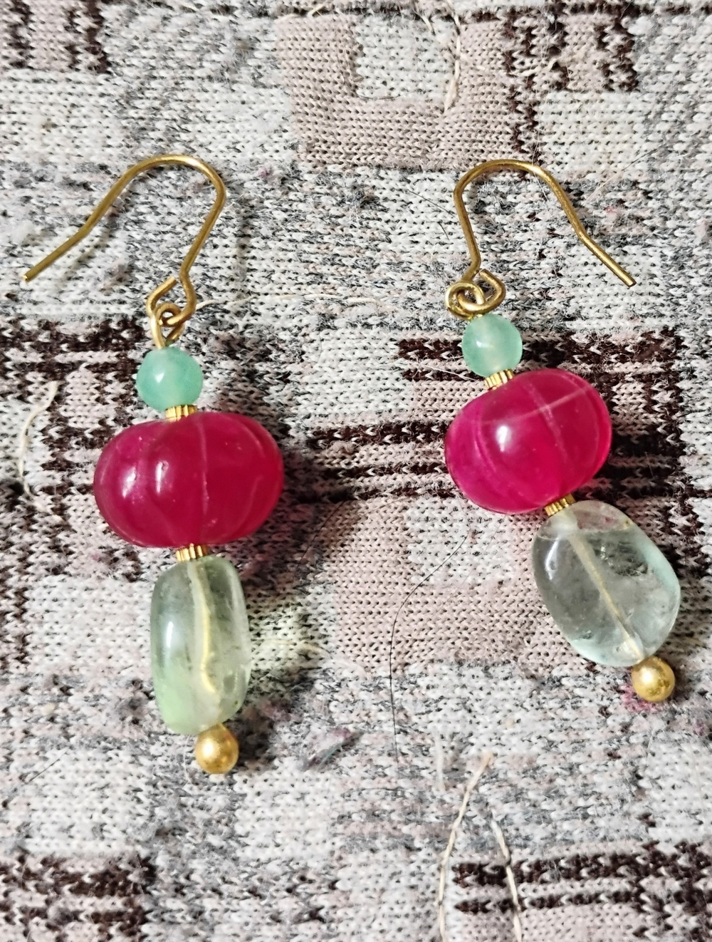 Pastel Green Stones And Ruby Earrings